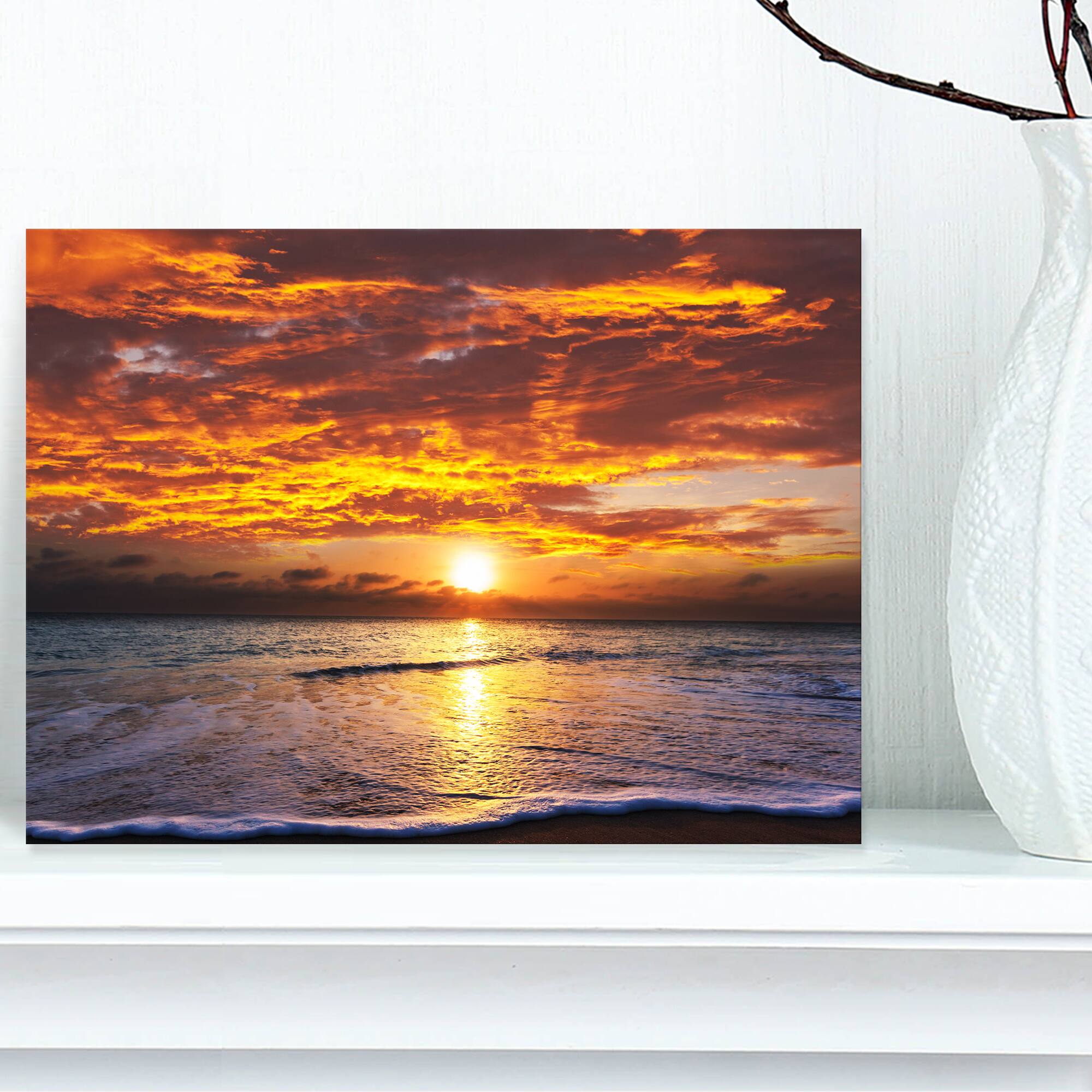 Designart - Yellow Sunset above Foaming Waves